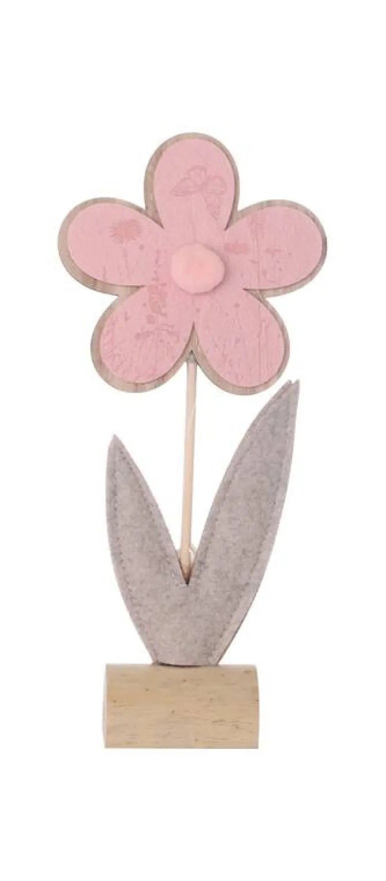 Decoratie houten bloem met motief op voet roze 32,5cm