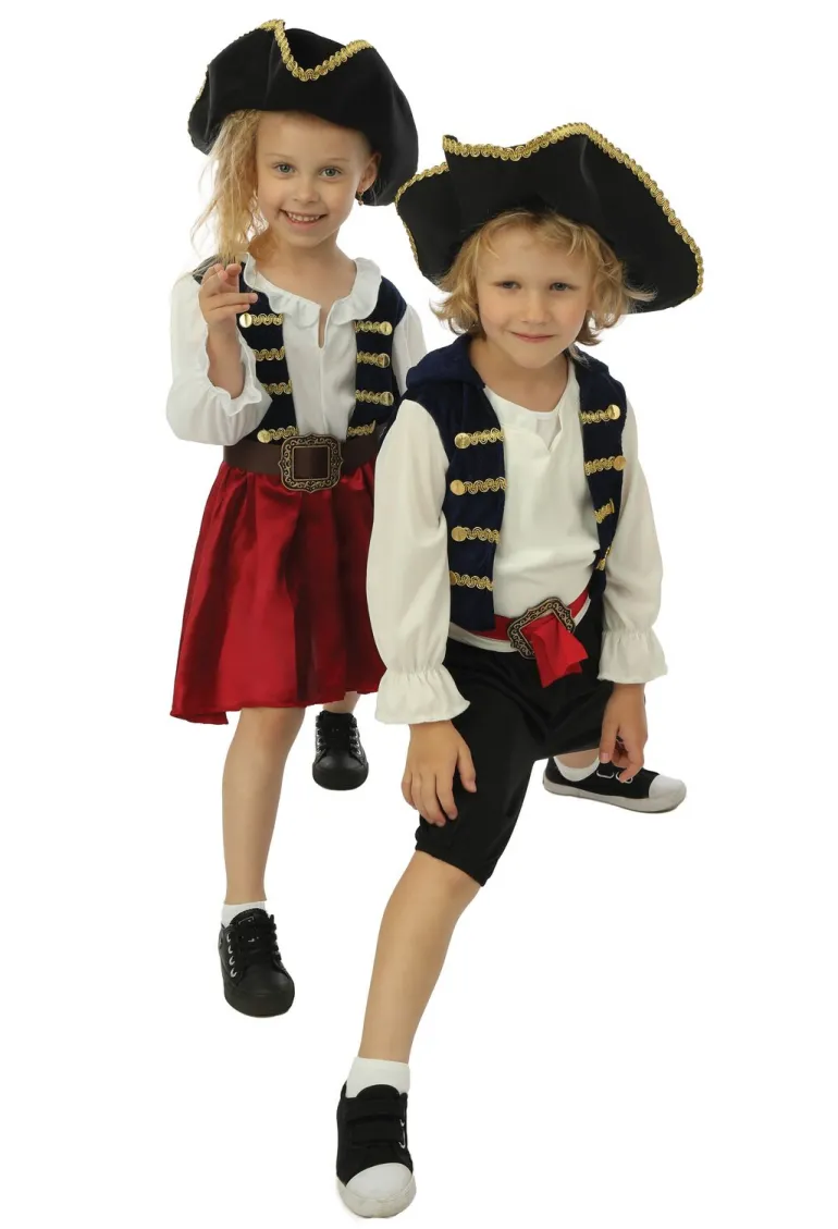 Kinderkostuum piraat met hoed meisje- 3 delig - Blauw/rood - 10-12 jaar