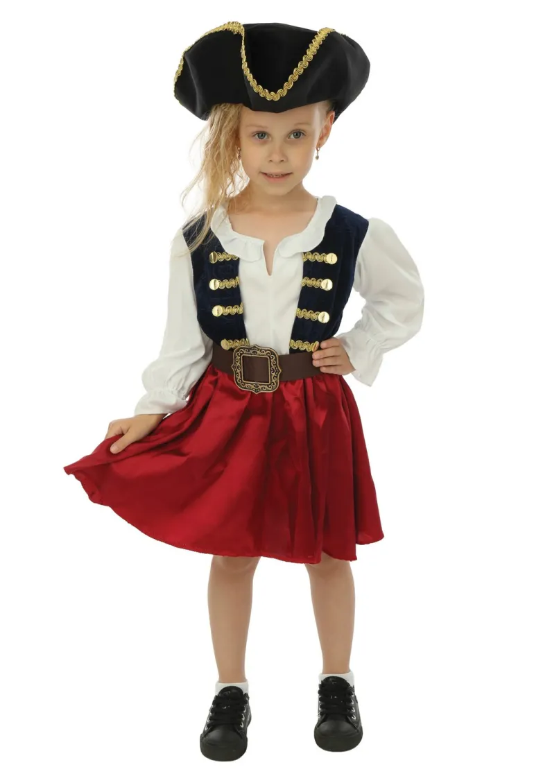 Kinderkostuum piraat met hoed meisje- 3 delig - Blauw/rood - 5-6 jaar
